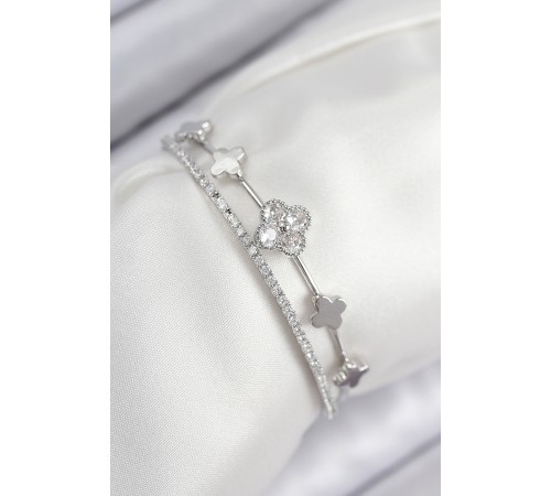 Pirinç Zirkon Taşlı Yonca Model Gümüş Renk Kadın Bileklik - TJ-BB7886