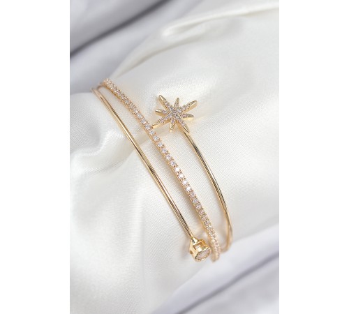 Pirinç Zirkon Taşlı Kutup Yıldızı Model Gold Renk Kadın Bileklik - TJ-BB7887