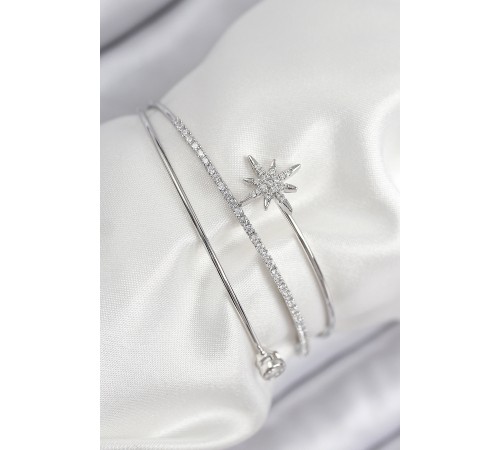 Pirinç Zirkon Taşlı Kutup Yıldızı Model Gümüş Renk Kadın Bileklik - TJ-BB7888