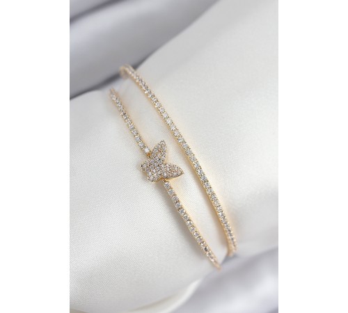 Pirinç Zirkon Taşlı Model Gold Renk Kadın Bileklik - TJ-BB7891