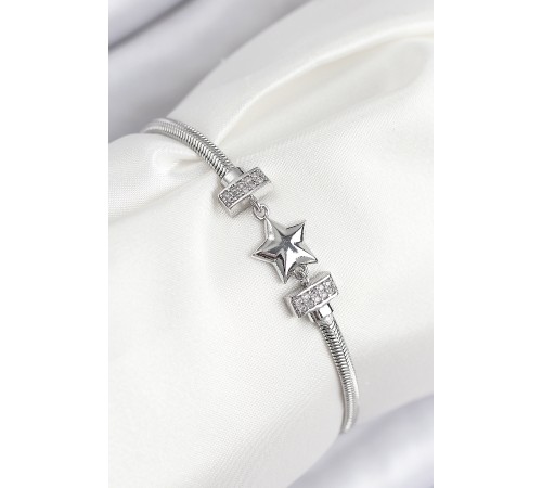 Pirinç Zirkon Taşlı Yonca Model Gümüş Renk Kadın Bileklik - TJ-BB7898