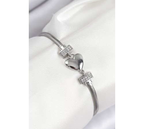 Pirinç Zirkon Taşlı Kalp Model Gümüş Renk Kadın Bileklik - TJ-BB7900