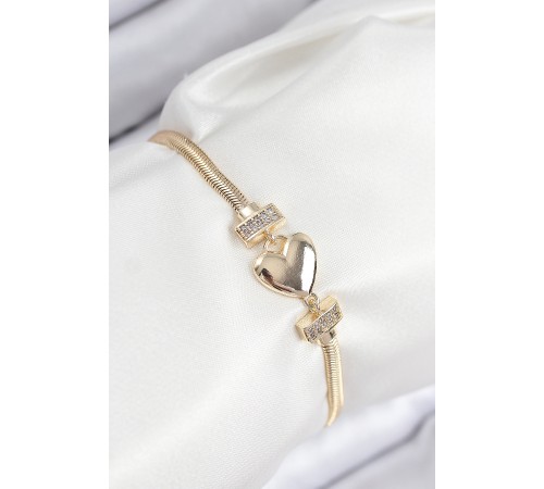Pirinç Zirkon Taşlı Kalp Model Gold Renk Kadın Bileklik - TJ-BB7901