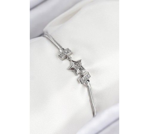 Pirinç Zirkon Taşlı Yıldız Model Gümüş Renk Kadın Bileklik - TJ-BB7902