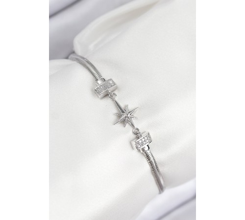 Pirinç Zirkon Taşlı Kutup Yıldızı Model Gümüş Renk Kadın Bileklik - TJ-BB7904