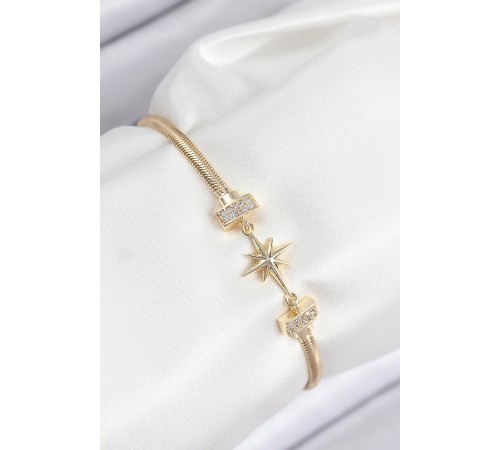 Pirinç Zirkon Taşlı Kutup Yıldızı Model Gold Renk Kadın Bileklik - TJ-BB7905
