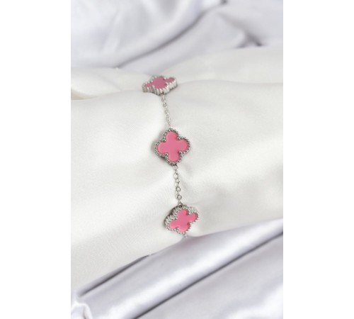 316L Çelik Gümüş Zincir Pembe Renk Yonca Bileklik - TJ-BB7909