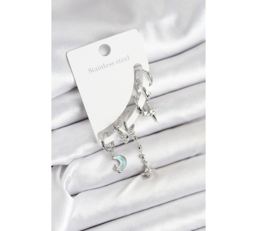 Pirinç Gümüş Renk Ay Model Kadın Set Küpe - TJ-BKP11220