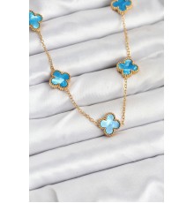 316L Çelik Zincir Gold Buz Mavisi Renk Yonca Kolye - TJ-BKO10566