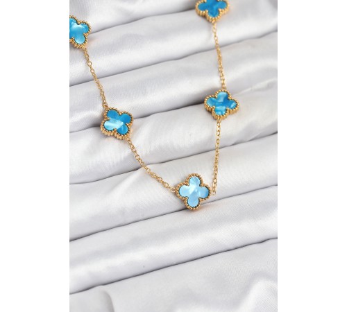 316L Çelik Zincir Gold Buz Mavisi Renk Yonca Kolye - TJ-BKO10566