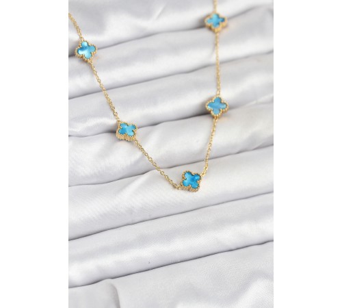 316L Çelik Zincir Gold Renk Buz Mavisi Baby Boy Yonca Kadın Kolye - TJ-BKO10571