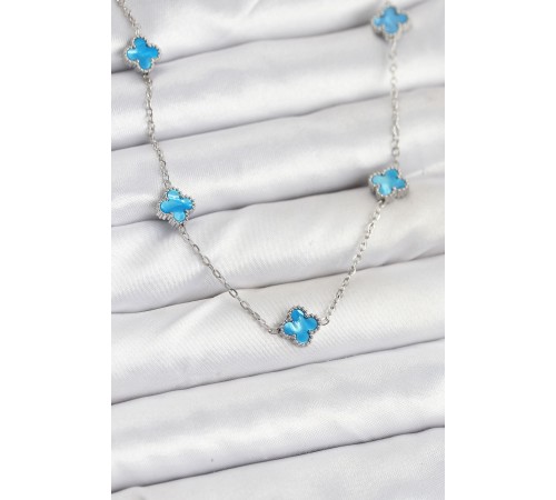 316L Çelik Zincir Gümüş Renk Buz Mavisi Baby Boy Yonca Kadın Kolye - TJ-BKO10576