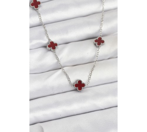 316L Çelik Zincir Gümüş Renk Bordo Baby Boy Yonca Kadın Kolye - TJ-BKO10577