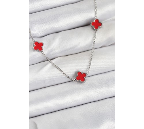 316L Çelik Zincir Gümüş Renk Kırmızı Baby Boy Yonca Kadın Kolye - TJ-BKO10581