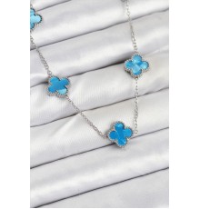 316L Çelik Zincir Gümüş Buz Mavisi Renk Yonca Kadın Kolye - TJ-BKO10582