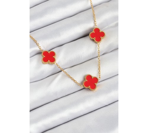 316L Çelik Zincir Gold Kırmızı Renk Yonca Kadın Kolye - TJ-BKO10585