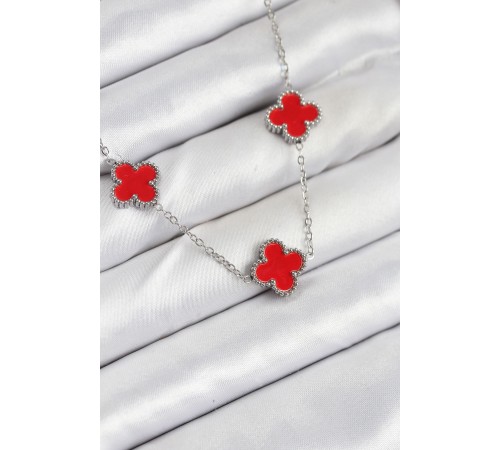 316L Çelik Zincir Gümüş Kırmızı Renk Yonca Kadın Kolye - TJ-BKO10586