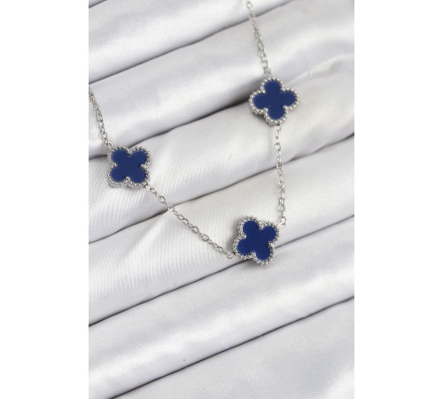 316L Çelik Zincir Gümüş Lacivert Renk Yonca Kadın Kolye - TJ-BKO10587
