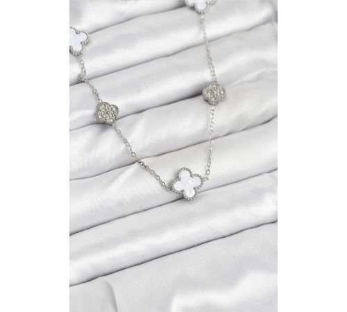 316L Çelik Zincir Gümüş Renk Beyaz ve Zirkon Taşlı Yonca Kadın Kolye - TJ-BKO10588