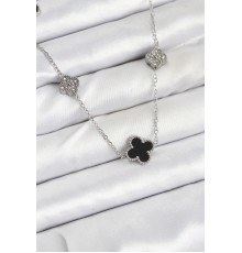 316L Çelik Zincir Gümüş Renk Siyah ve Zirkon Taşlı Yonca Kadın Kolye - TJ-BKO10589