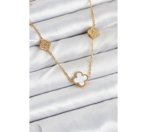 316L Çelik Zincir Gold Renk Beyaz ve Zirkon Taşlı Yonca Kadın Kolye - TJ-BKO10590