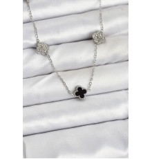 316L Çelik Zincir Gümüş Renk Siyah ve Zirkon Taşlı Baby Boy Yonca Kadın Kolye - TJ-BKO10591