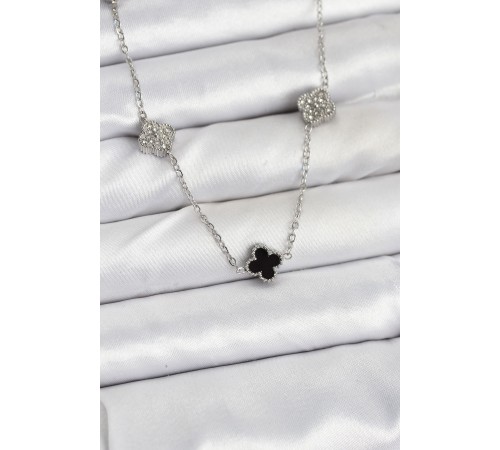 316L Çelik Zincir Gümüş Renk Siyah ve Zirkon Taşlı Baby Boy Yonca Kadın Kolye - TJ-BKO10591