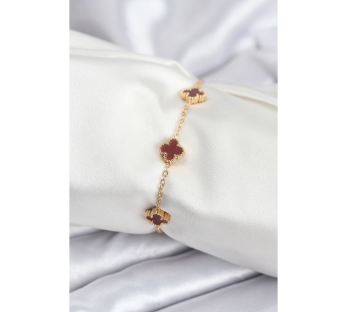 316L Çelik Gold Renk Bordo Baby Boy Yonca Kadın Bileklik - TJ-BB7950