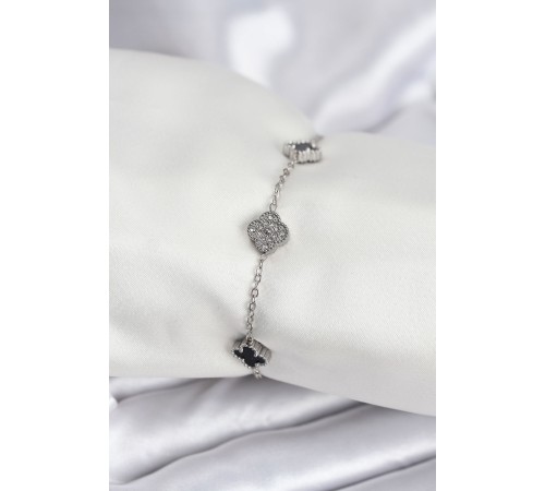 316L Çelik Gümüş Renk Siyah ve Zirkon Taşlı Baby Boy Yonca Kadın Bileklik - TJ-BB7954