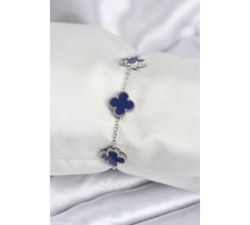 316L Çelik Zincir Gümüş Renk Lacivert Yonca Kadın Bileklik - TJ-BB7958