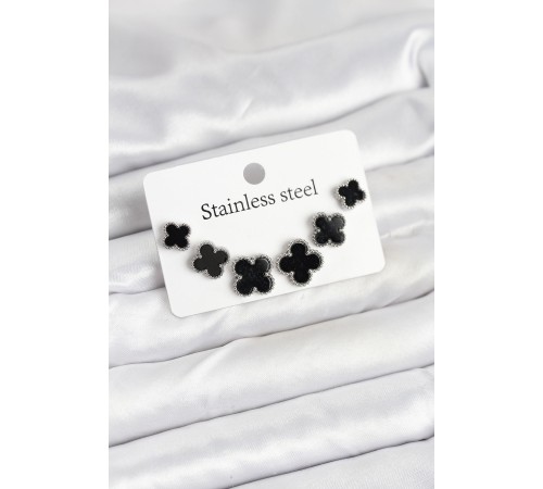 316L Çelik Gümüş Siyah Renk 3 Boy Yonca Küpe Seti - TJ-BKP11234