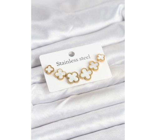 316L Çelik Gold Beyaz Renk 3 Boy Yonca Küpe Seti - TJ-BKP11237