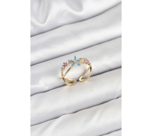 Pirinç Gold Renk Zirkon Taşlı Mavi Çiçekli Kadın Yüzük - TJ-BYK3834