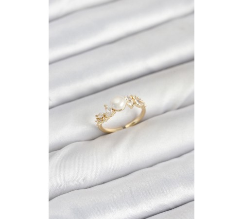 Pirinç Gold Renk Zirkon Taşlı İncili Model Kadın Yüzük - TJ-BYK3852