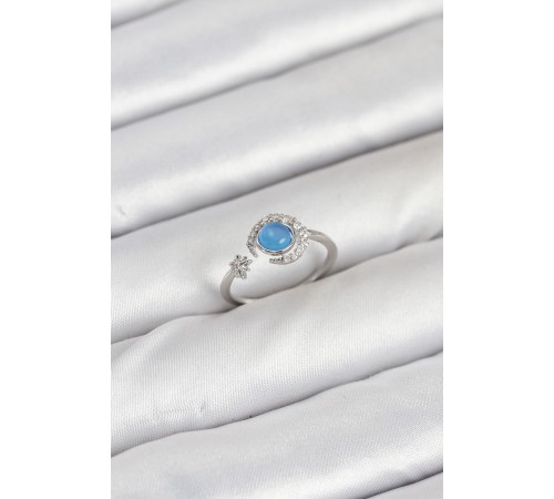 Pirinç Gümüş Renk Zirkon Taşlı Ay Yıldız Kadın Yüzük - TJ-BYK3861