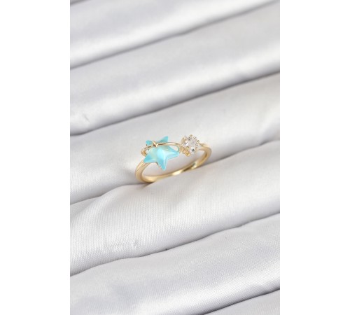 Pirinç Gold Renk Mavi Yıldızlı Model Kadın Yüzük - TJ-BYK3868