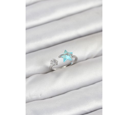 Pirinç Gümüş Renk Mavi Yıldızlı Model Kadın Yüzük - TJ-BYK3869