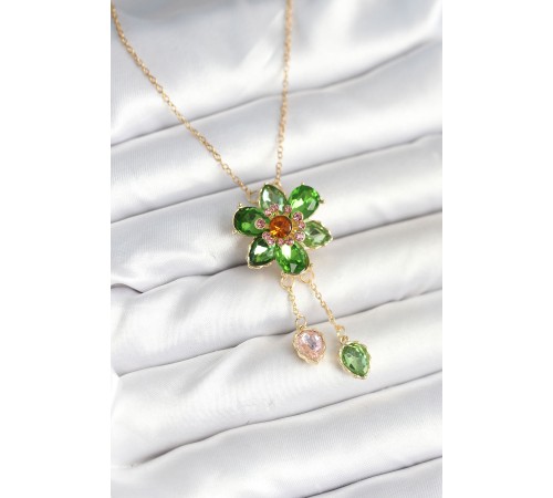 316L Çelik Zincir Gold Renk Çiçek Model Sallantılı Kadın Kolye - TJ-BKO10595