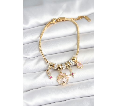 Pirinç Gold Renk Yaşam Ağacı Charmlı Kadın Bileklik - TJ-BB7989