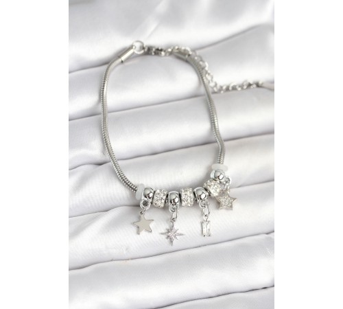 Pirinç Gümüş Renk Kutup Yıldızı Charmlı Kadın Bileklik - TJ-BB7992