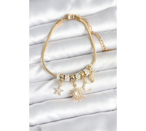 Pirinç Gold Renk Ay ve Güneş Charmlı Kadın Bileklik - TJ-BB7997