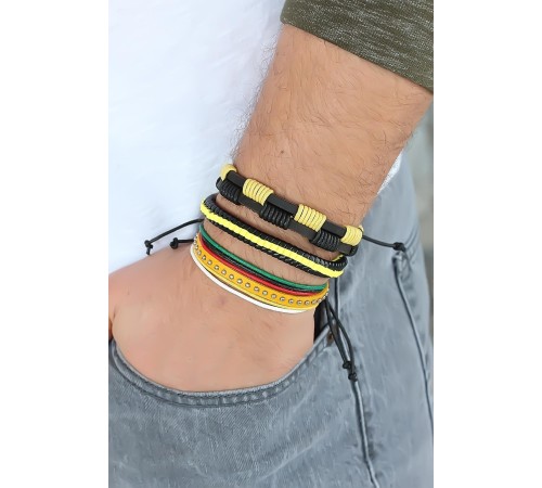 Sarı Renk Zımbalı Deri Erkek Bileklik Kombini - TJ-EB1342
