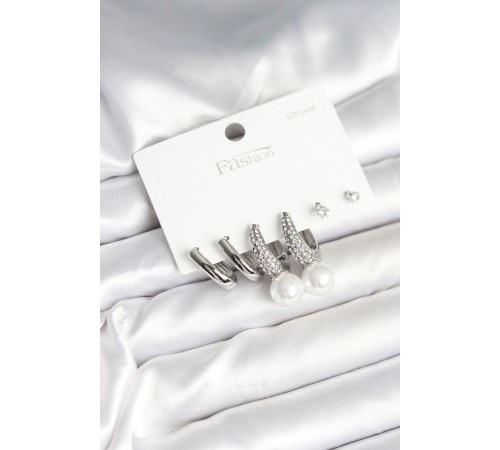 Pirinç Gümüş Renk İncili 925 Ayar Gümüş Çivi Kadın Küpe Seti - TJ-BKP11251