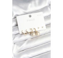 Pirinç Gold Renk İnci Detaylı 925 Gümüş Çivili Kadın Küpe Seti - TJ-BKP11253