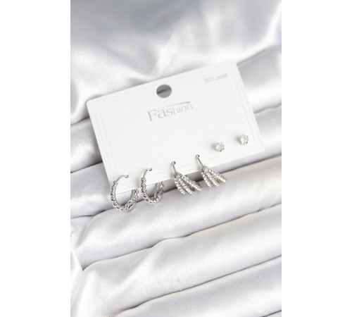 Pirinç Gümüş Renk Zirkon Taşlı 925 Gümüş Çivili Kadın Küpe Seti - TJ-BKP11254