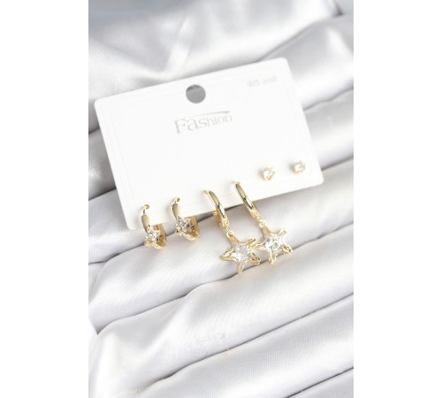 Pirinç Gold Renk Yıldız Model 925 Gümüş Çivili Kadın Küpe Seti - TJ-BKP11256