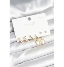 Pirinç Gold Renk Kalp Detaylı 925 Ayar Gümüş Çivili Kadın Küpe Seti - TJ-BKP11258