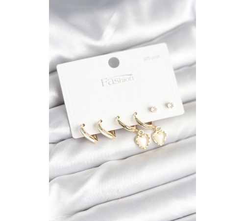 Pirinç Gold Renk Kalp Detaylı 925 Ayar Gümüş Çivili Kadın Küpe Seti - TJ-BKP11258