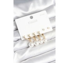 Gold Renk Zirkon Taşlı Pirinç İncili 925 Ayar Gümüş Çivili Küpe Seti - TJ-BKP11267