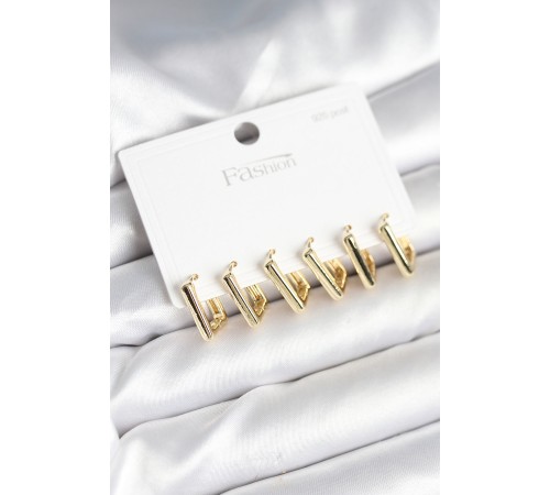 Gold Renk Kare Model Pirinç 925 Ayar Gümüş Çivili Kadın Küpe Seti - TJ-BKP11274